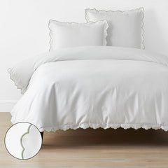 Embroidered Scallop Classic Smooth Sateen Solid Duvet Cover - Light Sage, Full/Queen