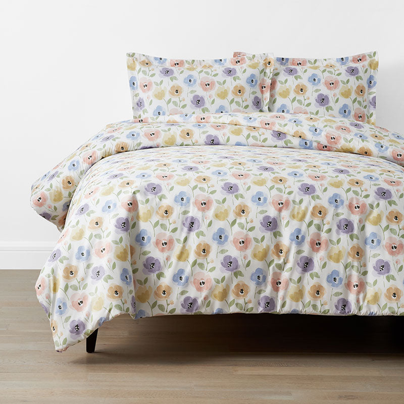 Pastel Poppies Classic Cool Organic Cotton Percale Duvet Cover Set - White Multi, Full/Queen