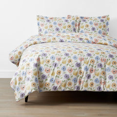Pastel Poppies Classic Cool Organic Cotton Percale Duvet Cover Set - White Multi, Full
