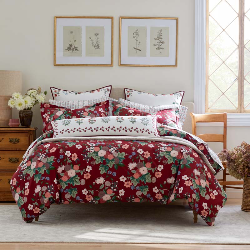 Dahlia Classic Cool Cotton Percale Duvet Cover - Dark Red, Full/Queen