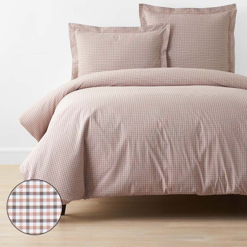 Classic Stripes and Plaids Cool Yarn-Dyed Cotton Percale Duvet Cover - Mini Check Brown, Full/Queen