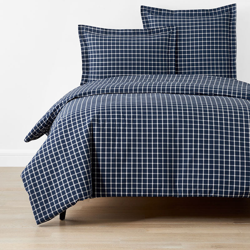 Classic Stripes and Plaids Cool Yarn-Dyed Cotton Percale Duvet Cover - Windowpane White/Navy, King/Cal. King