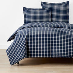 Classic Stripes and Plaids Cool Yarn-Dyed Cotton Percale Duvet Cover - Windowpane White/Navy, King/Cal. King