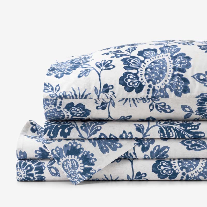 Floral Indigo Garden Classic Cool Cotton Percale Bed Sheet Set - Blue, King