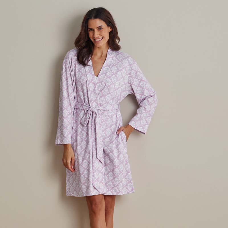 Printed Pima Cotton Women's Kimono Robe - Lisbon Mauve, XS