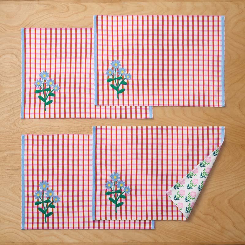 Floral Plaid Reversible Placemats, Set of 4 - Red