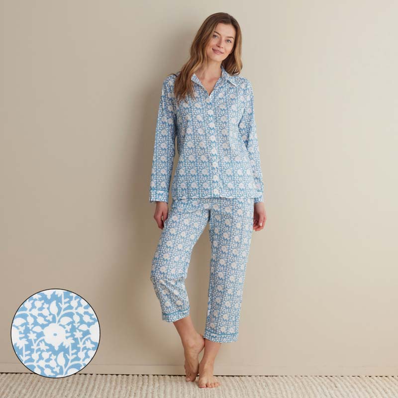 Printed Voile Women's Cropped Pajama Set - Floral Weave, M