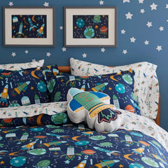 Planets and Rockets Classic Cool Organic Cotton Percale Bed Sheet Set - Navy Multi, Queen