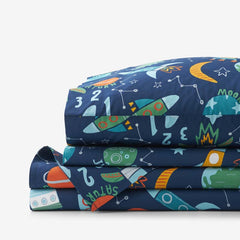 Planets and Rockets Classic Cool Organic Cotton Percale Bed Sheet Set - Navy Multi, Full