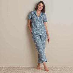 Printed Poplin Women's Short Sleeve Button-Down Pajama Set - Floral Spray, M