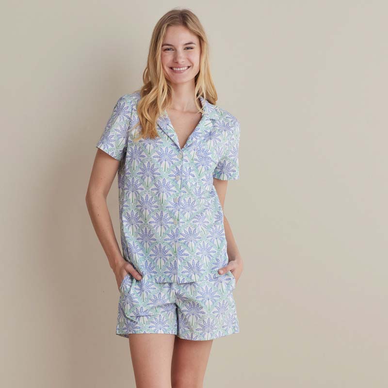 Printed Poplin Women's Shorts Set - Blue Palm, L