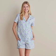 Printed Poplin Women's Shorts Set - Blue Palm, XL