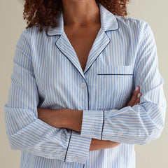 Printed Poplin Women's Button-Down Pajama Set - Blue Stripe, L