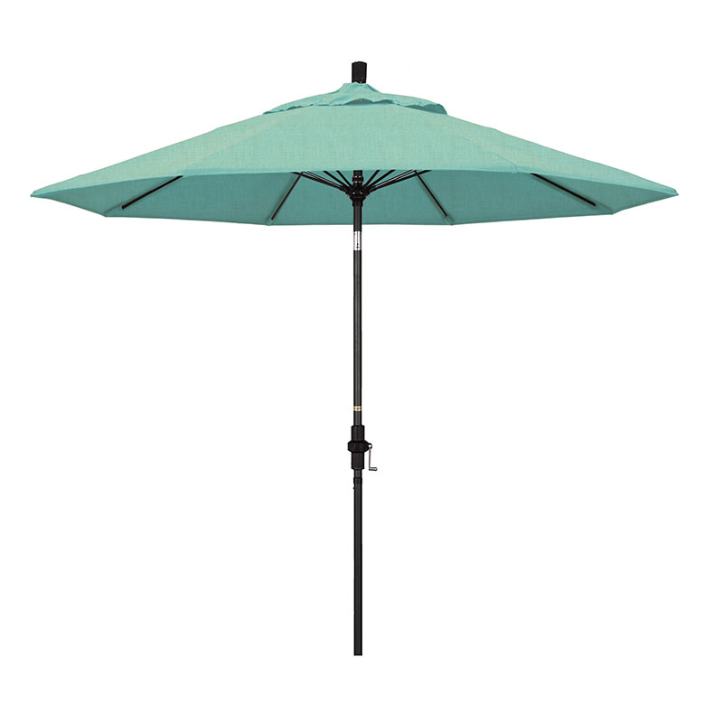 Round Outdoor Patio Umbrella, Fiberglass with Twist Tilt - Black Finish, Spectrum Mist, 9'