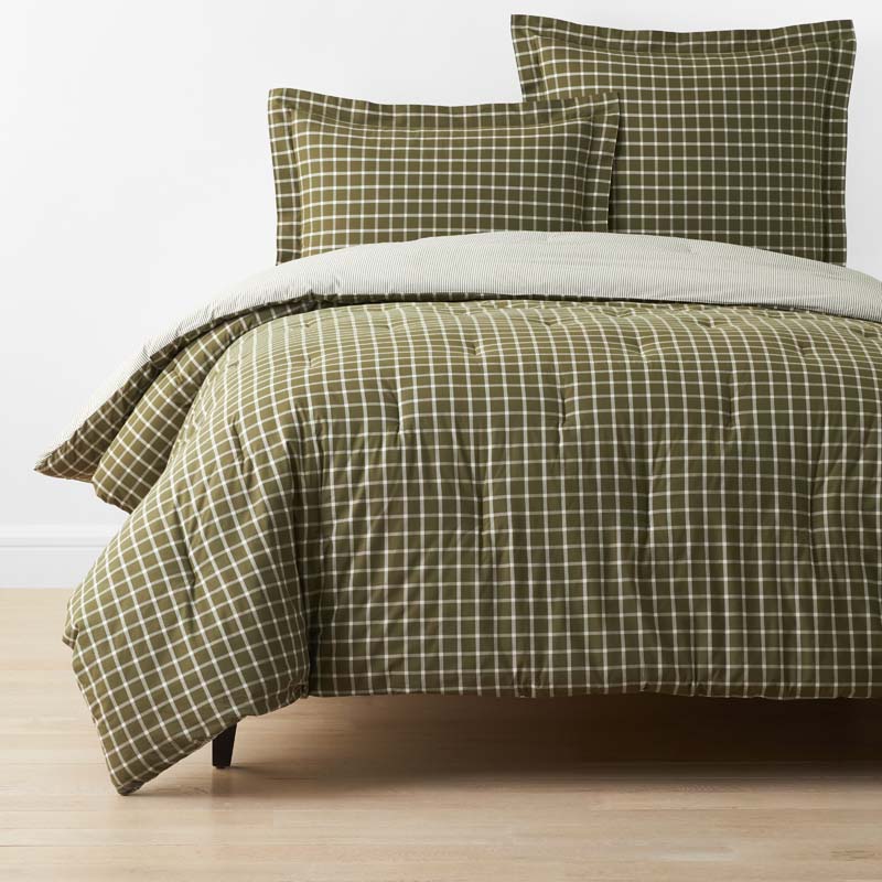 Classic Stripes and Plaids Cool Yarn-Dyed Cotton Percale Reversible Comforter - Windowpane Green, Twin/Twin XL
