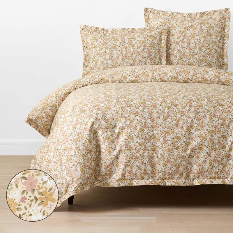 Joyful Floral Classic Smooth Sateen Duvet Cover - Gold, Full/Queen