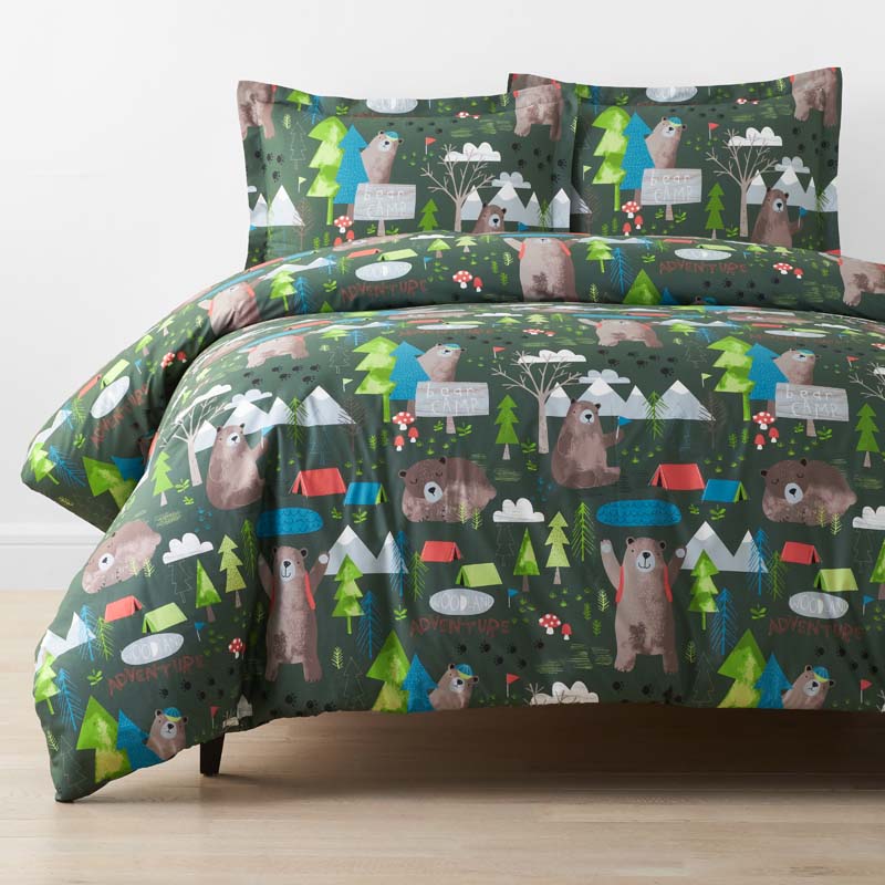 Bear Camp Classic Cool Organic Cotton Percale Duvet Cover Set - Green Multi, Full/Queen