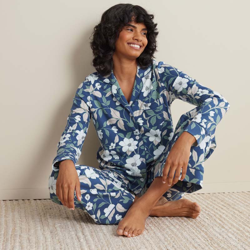 Printed Pima Cotton Women's Button-Down Pajama Set - Twilight Blossom, XL