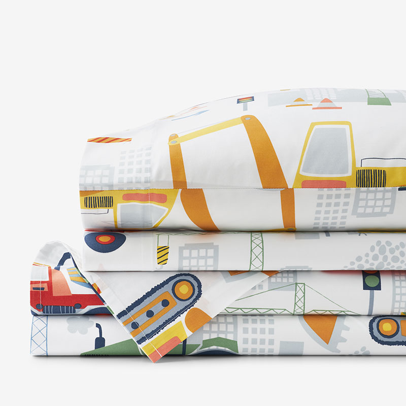 Construction Trucks Classic Cool Organic Cotton Percale Bed Sheet Set - White , Full