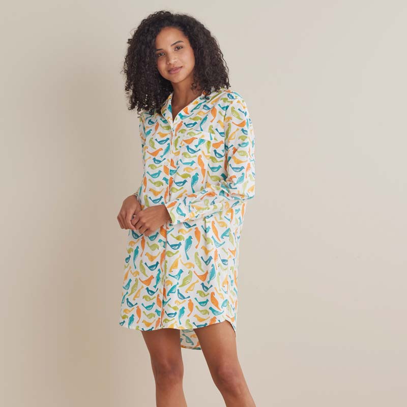Printed Poplin Women's Nightshirt - Spring Birds, S