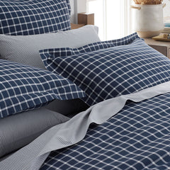 Classic Stripes and Plaids Cool Yarn-Dyed Cotton Percale Bed Sheet Set - Windowpane White/Navy, Twin XL