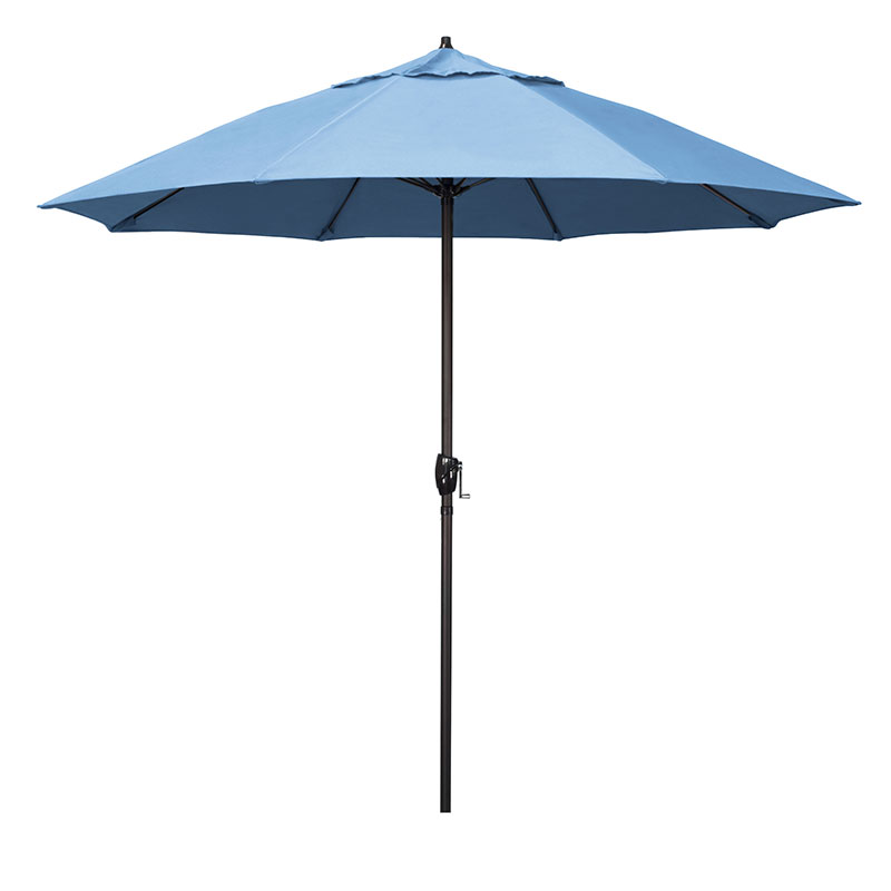 Round Outdoor Patio Umbrella, Aluminum with Auto Tilt Crank - Bronze Finish, Air Blue, 9'