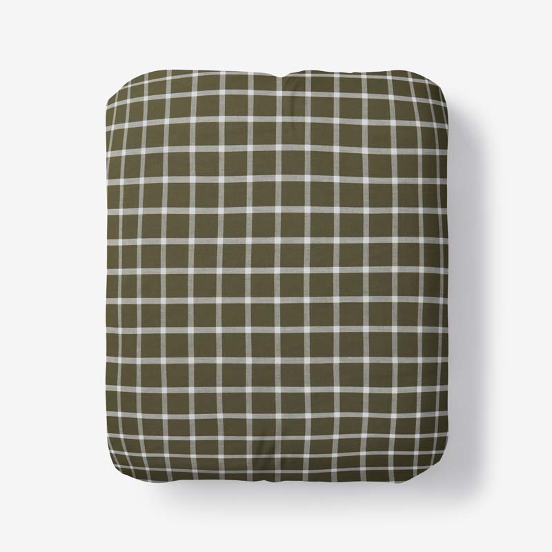 Classic Stripes and Plaids Cool Yarn-Dyed Cotton Percale Fitted Bed Sheet - Windowpane Green, Queen