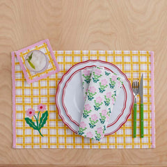 Floral Plaid Reversible Cocktail Napkins, Set of 4 - Yellow