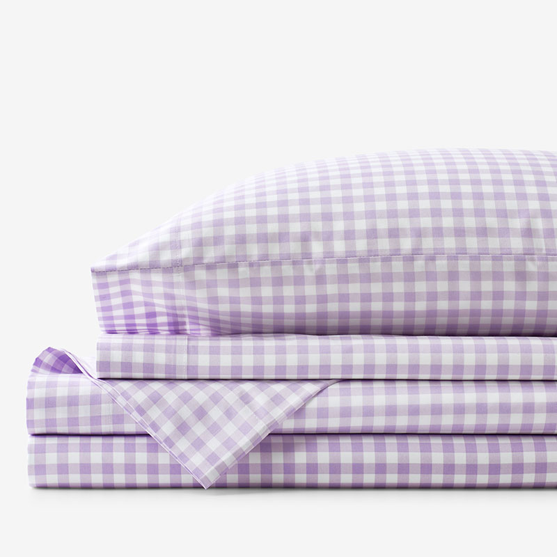 Gingham Classic Cool Organic Cotton Percale Bed Sheet Set - Lilac, Full