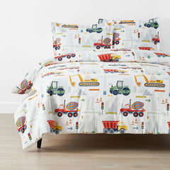 Construction Trucks Classic Cool Organic Cotton Percale Duvet Cover Set - White , Full/Queen
