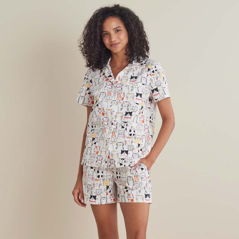 Printed Poplin Women's Shorts Set - Kittie Party, S