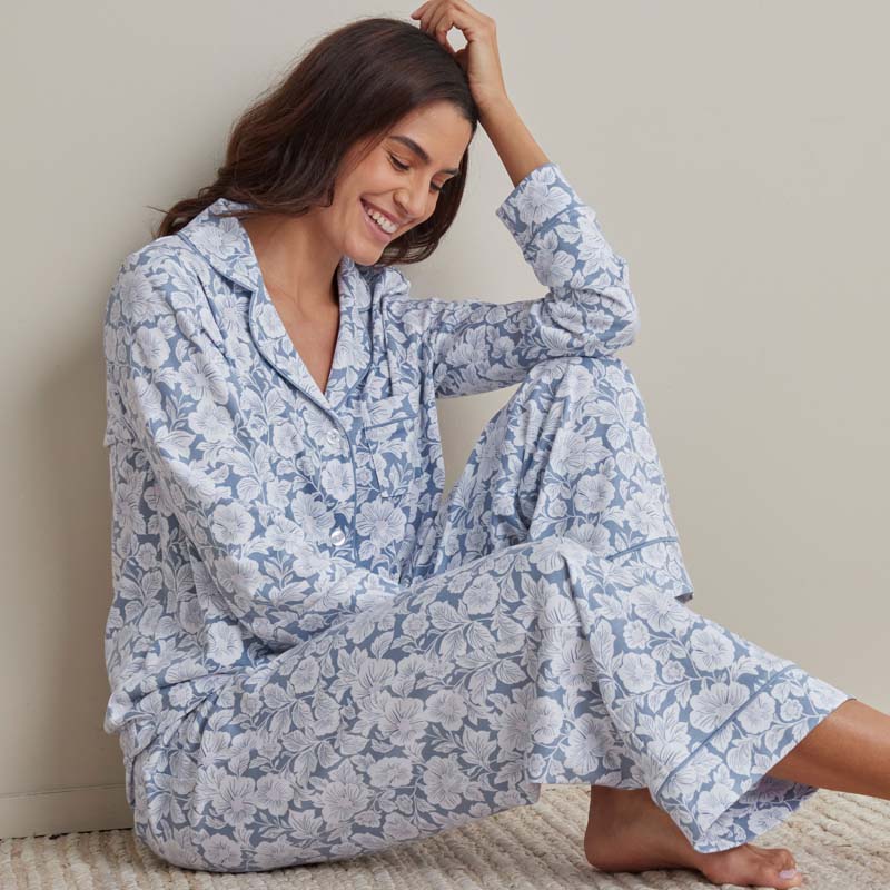 Printed Pima Cotton Women's Button-Down Pajama Set - Blue Garden, S