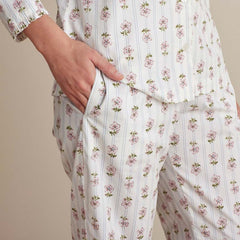 Printed Poplin Women's Long Sleeve Button-Down Pajama Set - Cottage Stripe, M