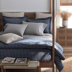 Classic Stripes and Plaids Cool Yarn-Dyed Cotton Percale Duvet Cover - Windowpane White/Navy, Full/Queen