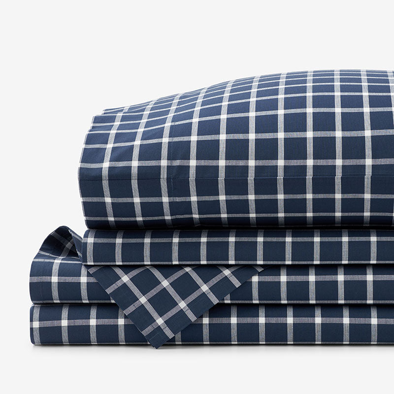 Classic Stripes and Plaids Cool Yarn-Dyed Cotton Percale Bed Sheet Set - Windowpane White/Navy, Full