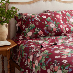 Dahlia Classic Cool Cotton Percale Bed Sheet Set - Dark Red, Full