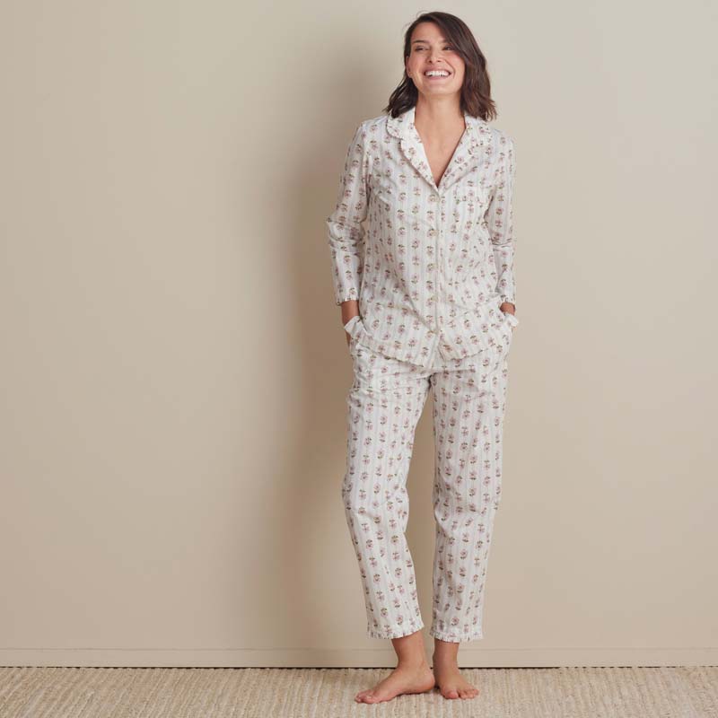 Printed Poplin Women's Long Sleeve Button-Down Pajama Set - Cottage Stripe, XL