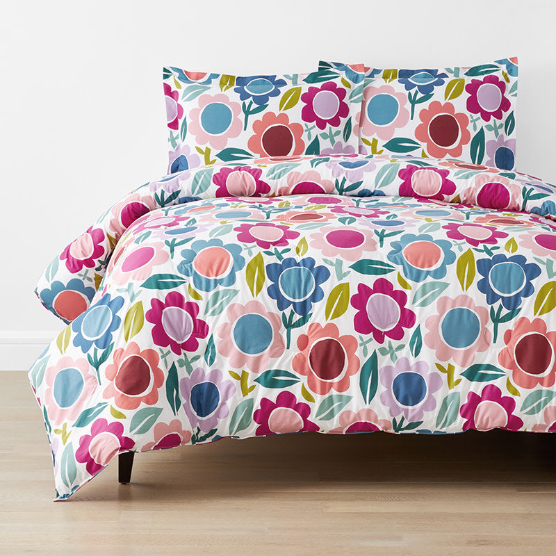 Joyful Flower Classic Cool Organic Cotton Percale Comforter Set - White, Full/Queen