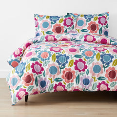 Joyful Flower Classic Cool Organic Cotton Percale Comforter Set - White, Full/Queen