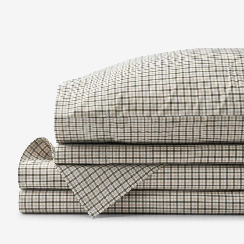 Classic Stripes and Plaids Cool Yarn-Dyed Cotton Percale Bed Sheet Set - Mini Check Green, Twin XL