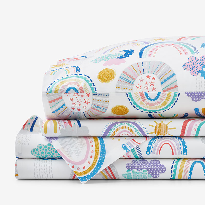 Magical Rainbows Classic Cool Organic Cotton Percale Bed Sheet Set - White Multi, Twin