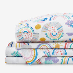 Magical Rainbows Classic Cool Organic Cotton Percale Bed Sheet Set - White Multi, Full