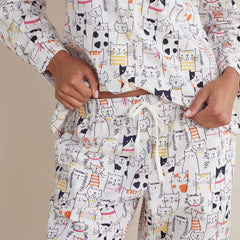 Printed Poplin Women's Button-Down Pajama Set - Kittie Party, XS