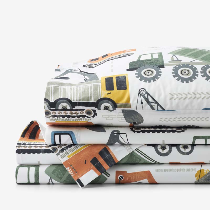 Construction Builders Classic Cool Organic Cotton Percale Bed Sheet Set - White Multi, Full