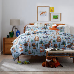 Animal Campers Classic Cool Organic Cotton Percale Bed Sheet Set - Blue Multi, Queen