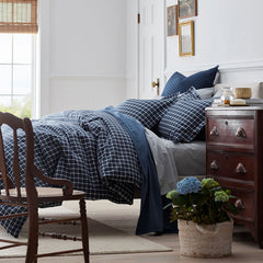 Classic Stripes and Plaids Cool Yarn-Dyed Cotton Percale Sham - Windowpane White/Navy, King