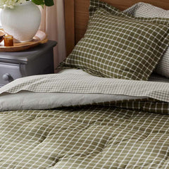 Classic Stripes and Plaids Cool Yarn-Dyed Cotton Percale Reversible Comforter - Windowpane Green, King/Cal. King