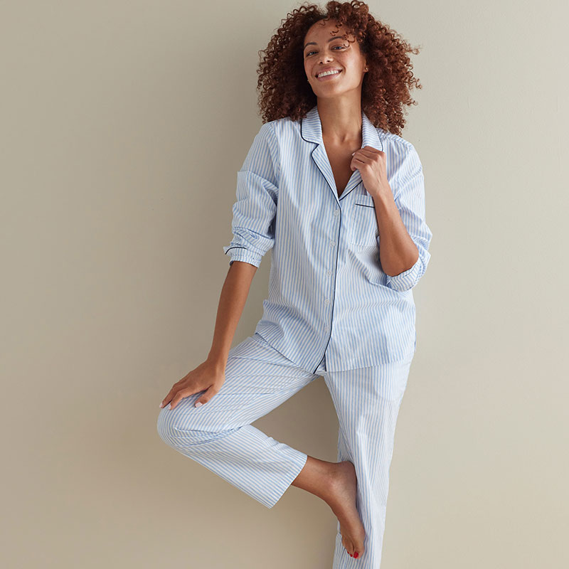 Printed Poplin Women's Button-Down Pajama Set - Blue Stripe, S