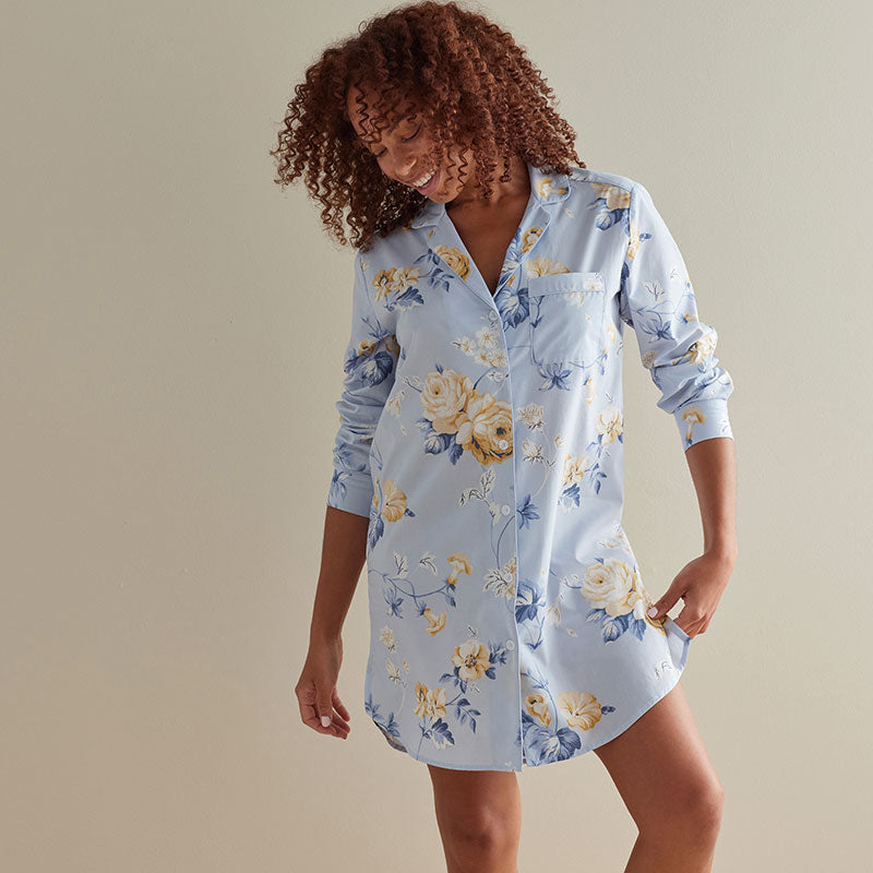 Printed Poplin Women's Nightshirt - Blue Floral, XS