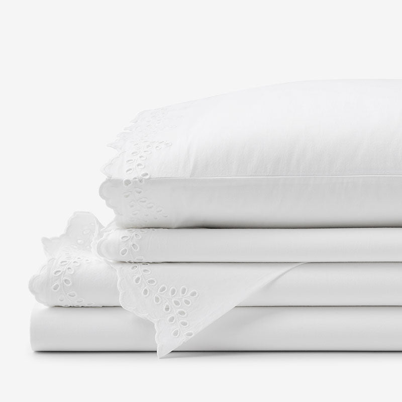 Eyelet Classic Cool Cotton Percale Solid Bed Sheet Set - White, Queen